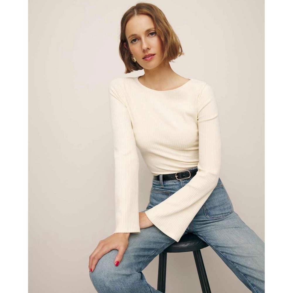 Reformation Miller Knit Bell Ribbed Old Money Boho Long Sleeve Top White S